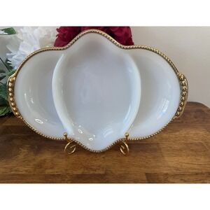 Vintage Anchor Hocking Fire-King Milk Glass Divided‎ Dish with Gold Trim Wedding